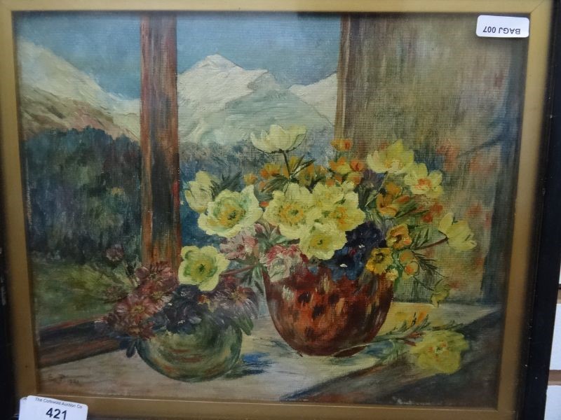 Unattributed Oil on board Anenomes in vases on a windowsill, looking through to snowy mountains in