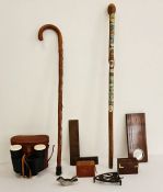 Assorted items to include pair binoculars, cribbage board, small quantity hand tools, pipes, etc