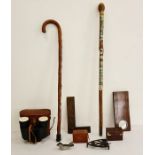 Assorted items to include pair binoculars, cribbage board, small quantity hand tools, pipes, etc