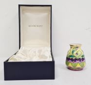 Moorcroft miniature enamel vase, tapered and pansy decorated, 6.5cm high, boxed