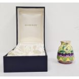 Moorcroft miniature enamel vase, tapered and pansy decorated, 6.5cm high, boxed