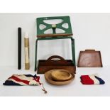 Small collection of treen items to include bowl, plates, Union flag,  Bershaw painted wood book rest