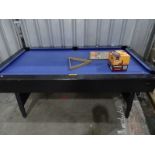 Pool table with blue baise top Condition Report1 cue, triangle, 16 balls and a decorative print