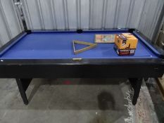 Pool table with blue baise top Condition Report1 cue, triangle, 16 balls and a decorative print