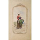 E Vitali  Pair of watercolour drawings Continental piper and girl with harvest, each signed lower