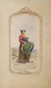 E Vitali  Pair of watercolour drawings Continental piper and girl with harvest, each signed lower
