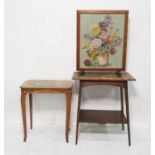 Needlework firescreen, an oak two-tier table and a parquetry inlaid effect table (3)