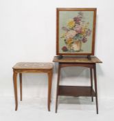 Needlework firescreen, an oak two-tier table and a parquetry inlaid effect table (3)