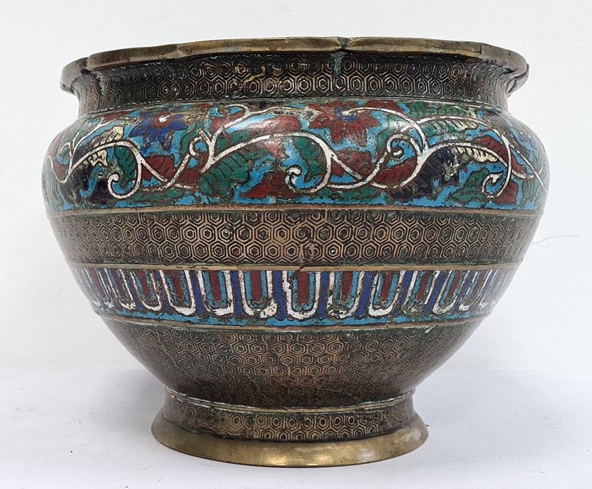 Chinese cloisonne and bronze jardiniere, ovoid with flared rim, having two cloisonne bands of - Image 2 of 7