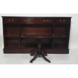 Reproduction mahogany kneehole desk , a low bookcase and oval tripod coffee table