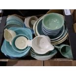 Six boxes of assorted china and glassware to include part dinner services, blue and white items,