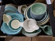 Six boxes of assorted china and glassware to include part dinner services, blue and white items,