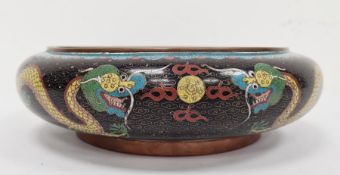 Chinese cloisonne enamel bowl with inverted rim, black ground and decorated inside and out with