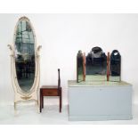 Cream and gilt decorated cheval mirror, a three-part dressing table mirror, a blanket box and a side