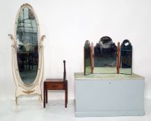 Cream and gilt decorated cheval mirror, a three-part dressing table mirror, a blanket box and a side