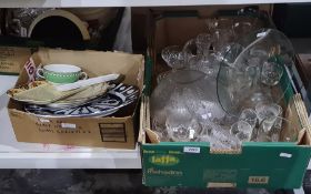 Assorted glassware including decanter, tumblers, champagne flutes, fruit bowl and some ceramics (2