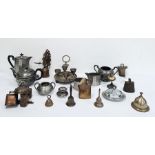 Assorted metalware to include pewter teapot, brass bell, etc (1 box)