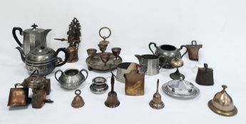 Assorted metalware to include pewter teapot, brass bell, etc (1 box)