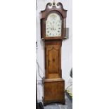 North Country oak-cased mahogany cross-banded longcase clock, the enamel dial with arch and