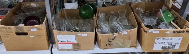 Quantity of assorted glassware including sundae dishes, wines, tumblers, cake stand, etc (4 boxes)