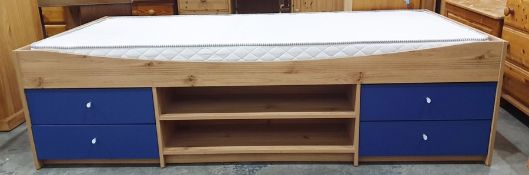 Single bed and mattress with drawers and open recess under