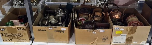 Assortment of collectables and metalware including copper kettle, wooden biscuit barrel,