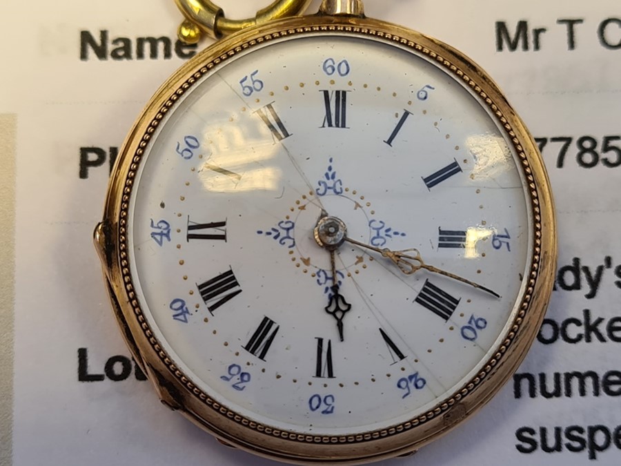Lady's 18ct French gold open faced faced pocket watch, enamelled dial with roman numerals, Swiss - Image 7 of 7