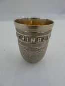 Victorian silver-coloured metal thimble whisky tot inscribed 'Just a Thimble Full', 800 mark