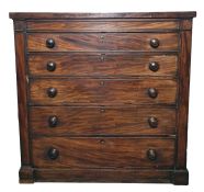 19th century mahogany chest of five long graduated drawers, on plinth base, 122.5cm x 122cm