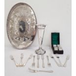 Birmingham silver trumpet vase (weighted), an electroplated tray, napkin rings and pastry forks