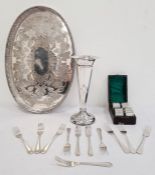 Birmingham silver trumpet vase (weighted), an electroplated tray, napkin rings and pastry forks