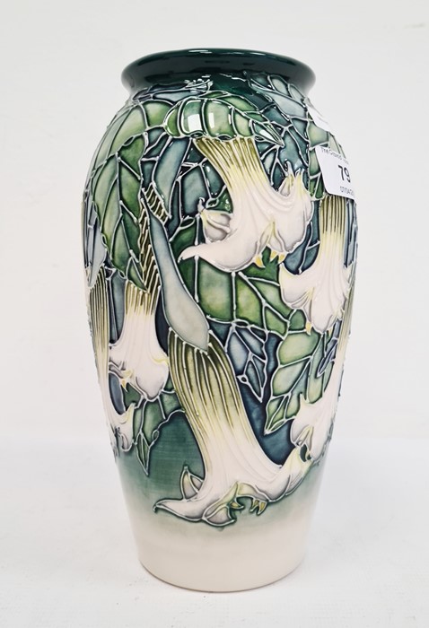 Moorcroft pottery vase, tall ovoid and decorated with white fuchsia on a blue and cream ground, - Image 2 of 6