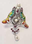 Silver pair of doves brooch/pendant set with rubies, pearls and inlaid with enamel