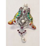 Silver pair of doves brooch/pendant set with rubies, pearls and inlaid with enamel