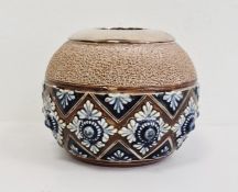 Royal Doulton silver-mounted stoneware match holder, spherical with glazed trelliswork decoration,