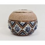 Royal Doulton silver-mounted stoneware match holder, spherical with glazed trelliswork decoration,