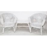 Painted wicker two-seater sofa, two armchairs and a coffee table (4)