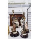 Three table lamps with ceramic bases modelled as an elegant lady, a lady holding a puppy and another