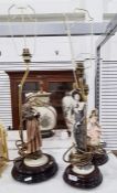 Three table lamps with ceramic bases modelled as an elegant lady, a lady holding a puppy and another