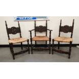 Set of six (4+2) 20th century oak framed dining chairs with rush seats, stretchered bases (6)