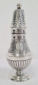 Victorian Irish silver muffineer having domed pierced lid with ball finial, baluster body, floral