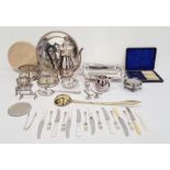 Box of assorted electroplated and other metalware to include serving spoon, wine coasters, coffee