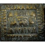 Large quantity of assorted brass and copper items to include Indian brass tray with script, elephant