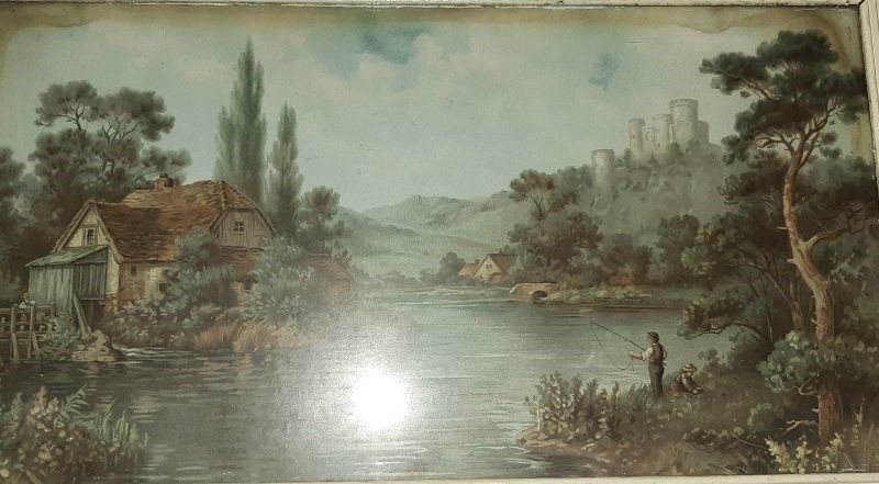 Unattributed Pair watercolour drawings  River scene, man fishing with a castle ruin in background ( - Image 2 of 6