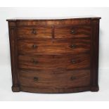 19th century mahogany bowfront cross-banded chest of two short over three long drawers, with moulded
