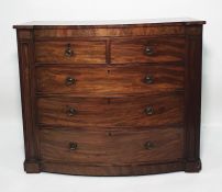 19th century mahogany bowfront cross-banded chest of two short over three long drawers, with moulded