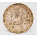 Japanese Satsuma earthenware plaque with figures at leisure pursuits, gilt and brocade border,