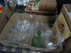 Two boxes of sundry glassware and a foot massager and a large aqua glass jar (3)