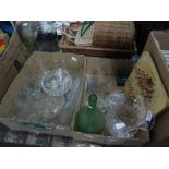 Two boxes of sundry glassware and a foot massager and a large aqua glass jar (3)