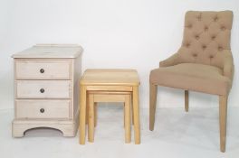 Bedside chest of three drawers, a nest of two tables , a chair and a black painted steel and brass